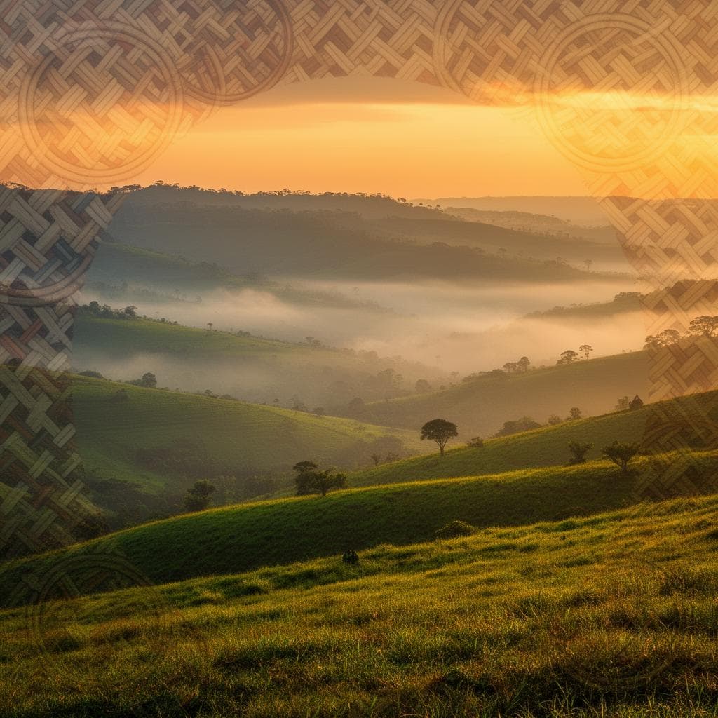 Rwandan hills with traditional woven patterns